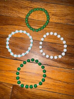 Handmade womans White and Green Beaded Stretch Bracelets - Set of 4